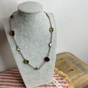 silver tone faceted multi color glass and hammered coin adjustable necklace